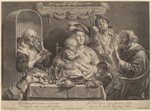 "Das Familienkonzert", Stich nach einem Ölgemälde von Jacob Jordaens (Soo d'oude songen soo pepen de jongen - As the old sing, so the young twitter - Wie die Alten singen, so zwitschern die Jungen) "Das Familienkonzert", Stich nach einem Ölgemälde von Jacob Jordaens (Soo d'oude songen soo pepen de jongen - As the old sing, so the young twitter - Wie die Alten singen, so zwitschern die Jungen)