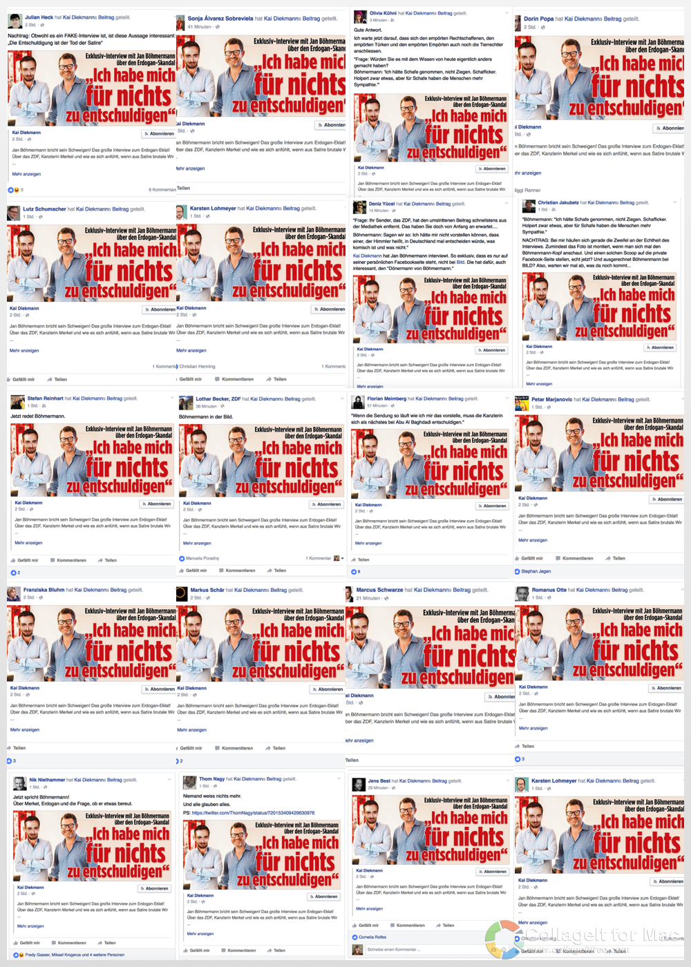 Facebook-Posts von Journalisten, die das Fake-Interview von Kai Diekmann geteilt haben.