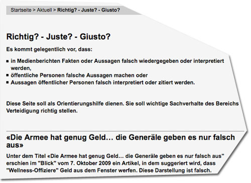 Screenshot Website der Schweizer Armee